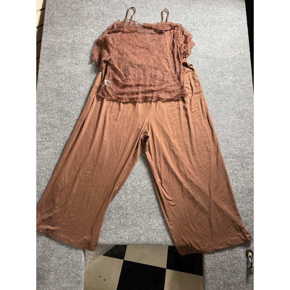 Womens 2 Piece Set Brown Lace Short Sleeve Top Wide Leg Crop Romper/jumper